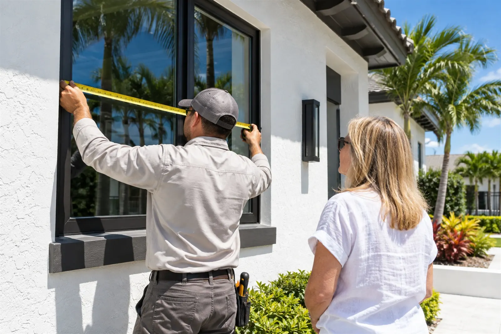 A homeowner watching as a window opening is measured for a free estimate