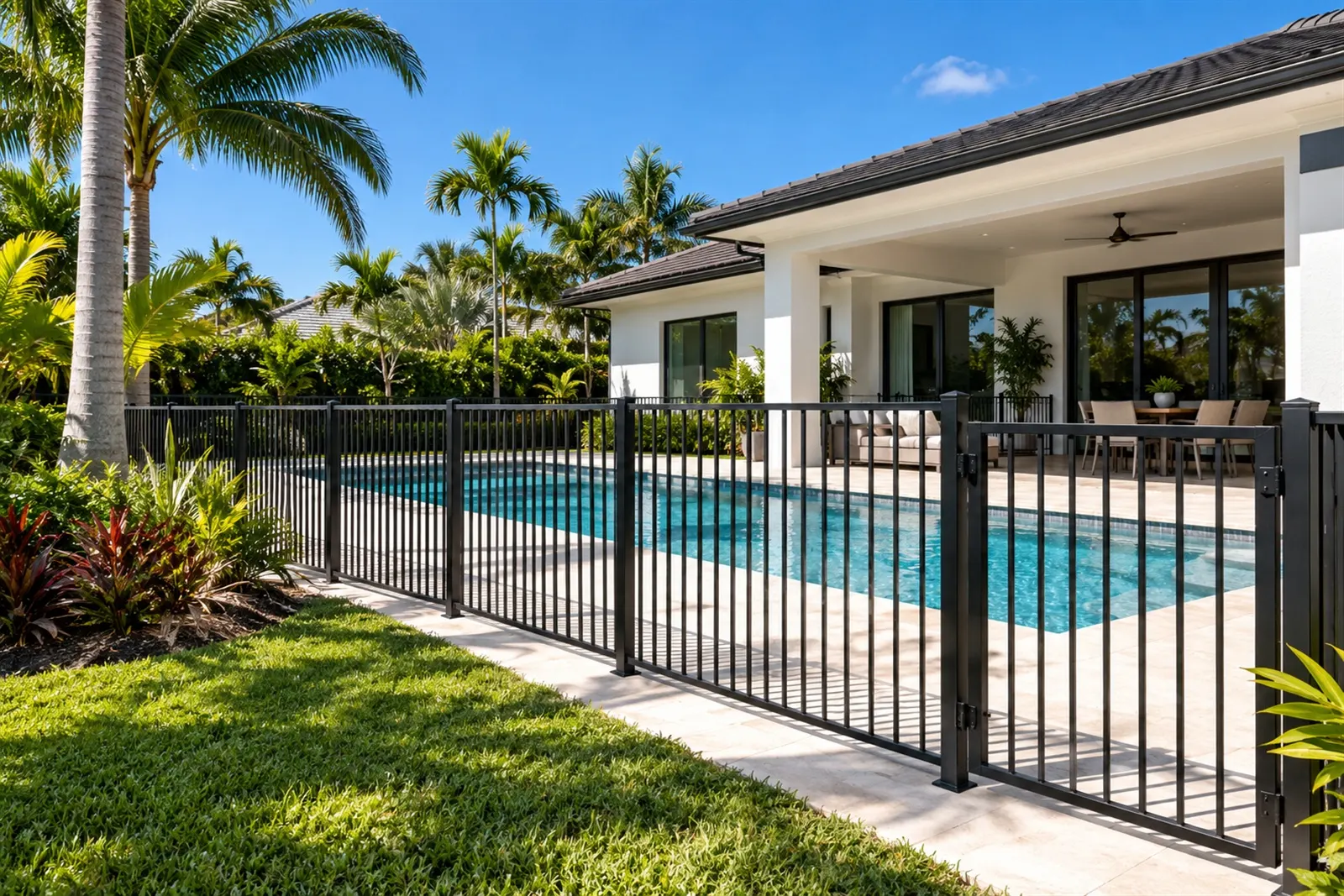 A black aluminum pool fence with a gate around a backyard pool