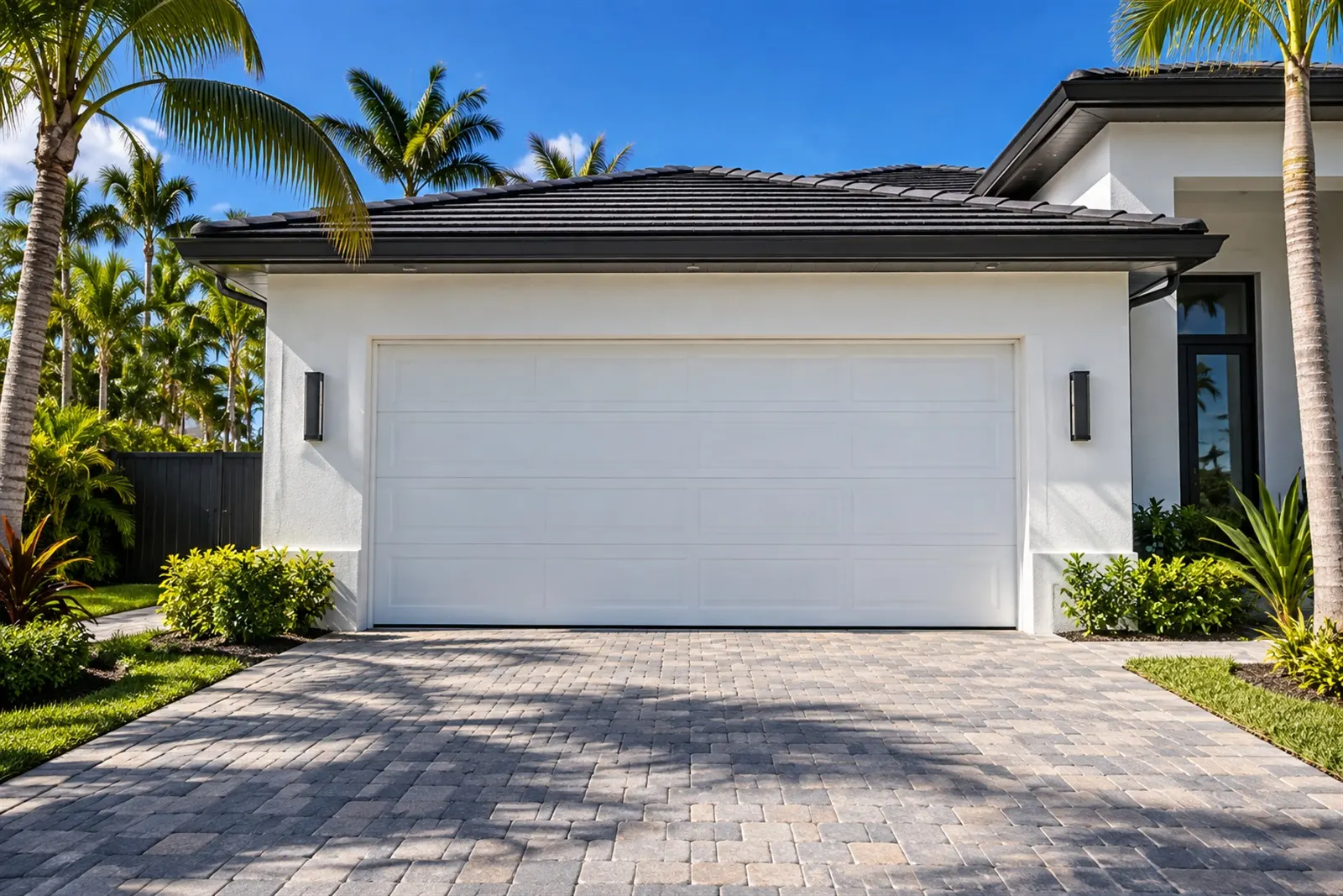 A white two-car garage door on a modern home with a paver driveway