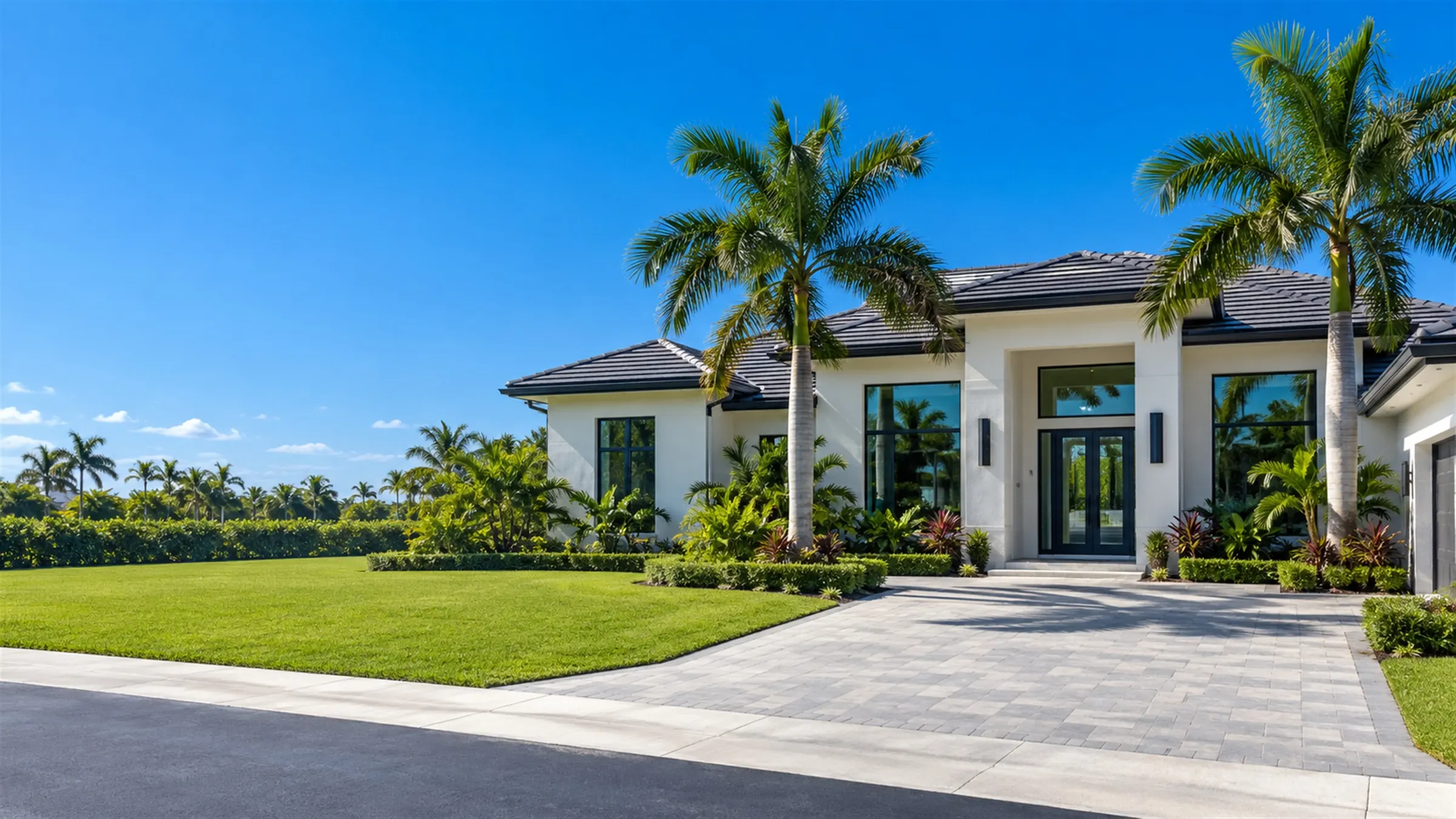 A modern single-story South Florida home with a tile roof, large dark-framed windows and palm trees