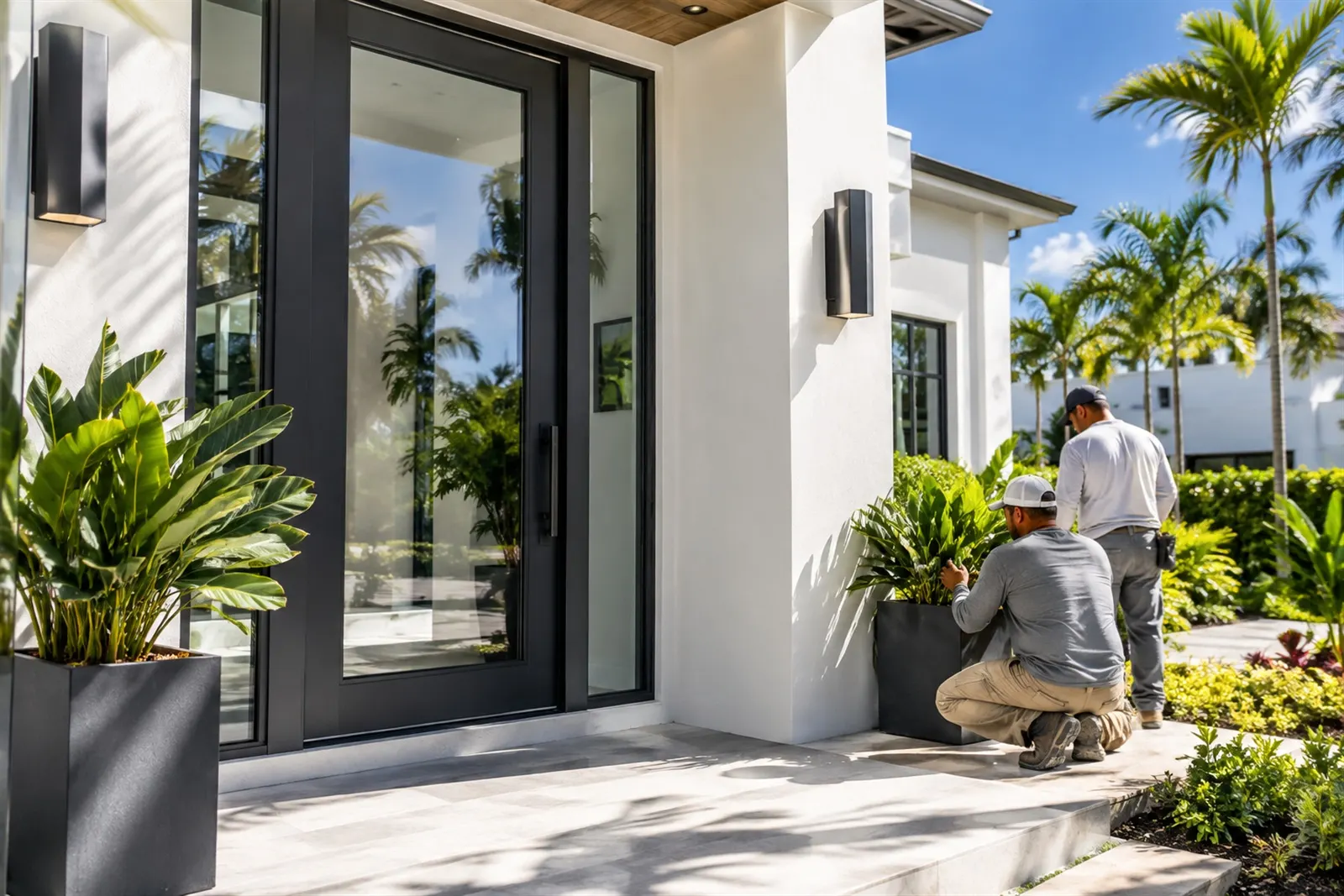 An installer fitting a tall dark-framed impact entry door with glass sidelites