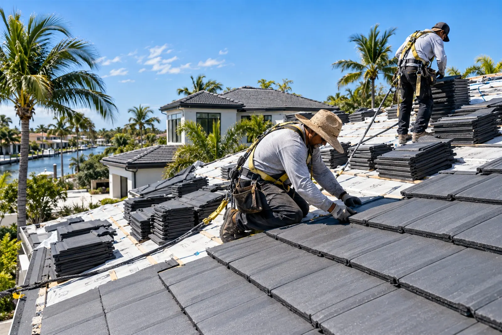 Roofers in safety harnesses laying dark concrete tile on a sunny day