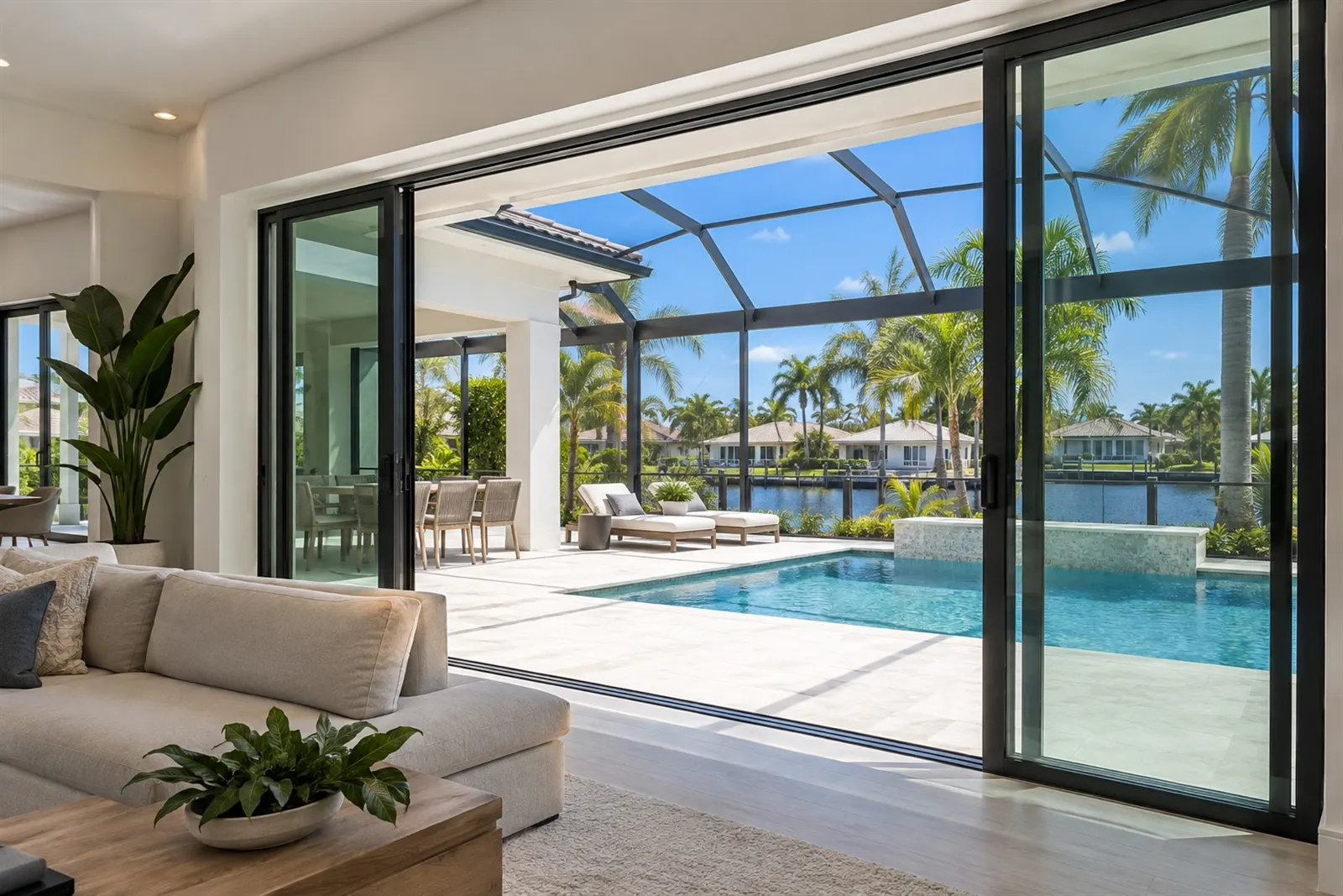 Large impact sliding glass doors opening from a living room onto a screened pool deck