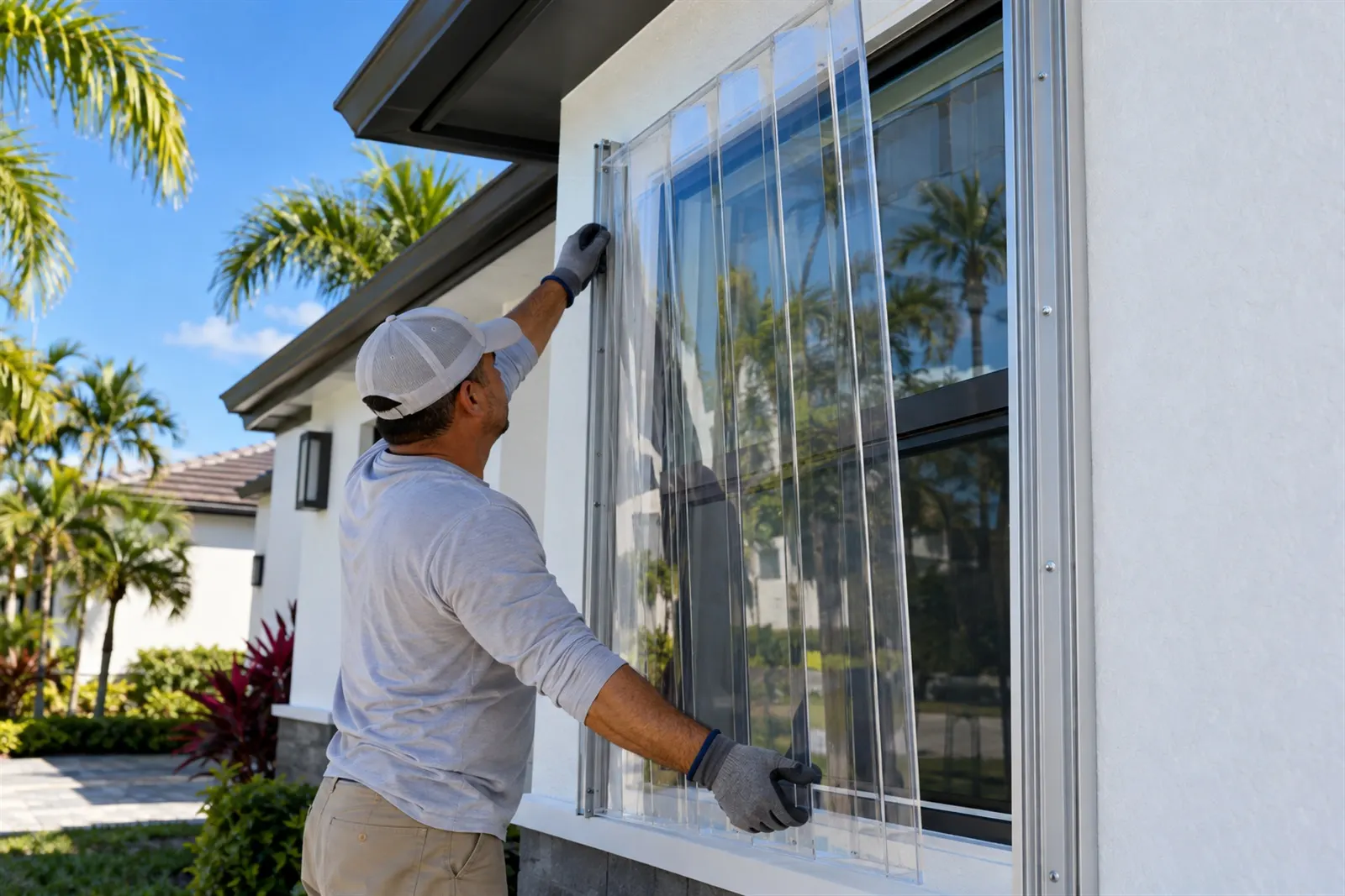 An installer fitting clear storm panels into tracks over a window